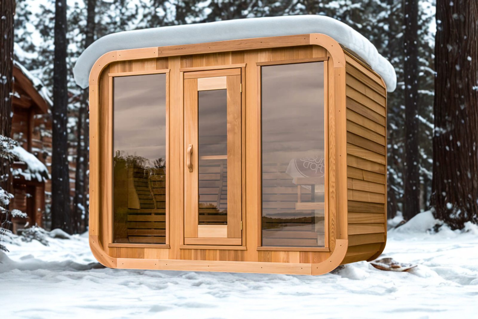 Aussensauna Panorama Zedernholz 200 – Quadratische Aussensauna aus Red Cedar mit Panoramafenster und 9-kW-Ofen