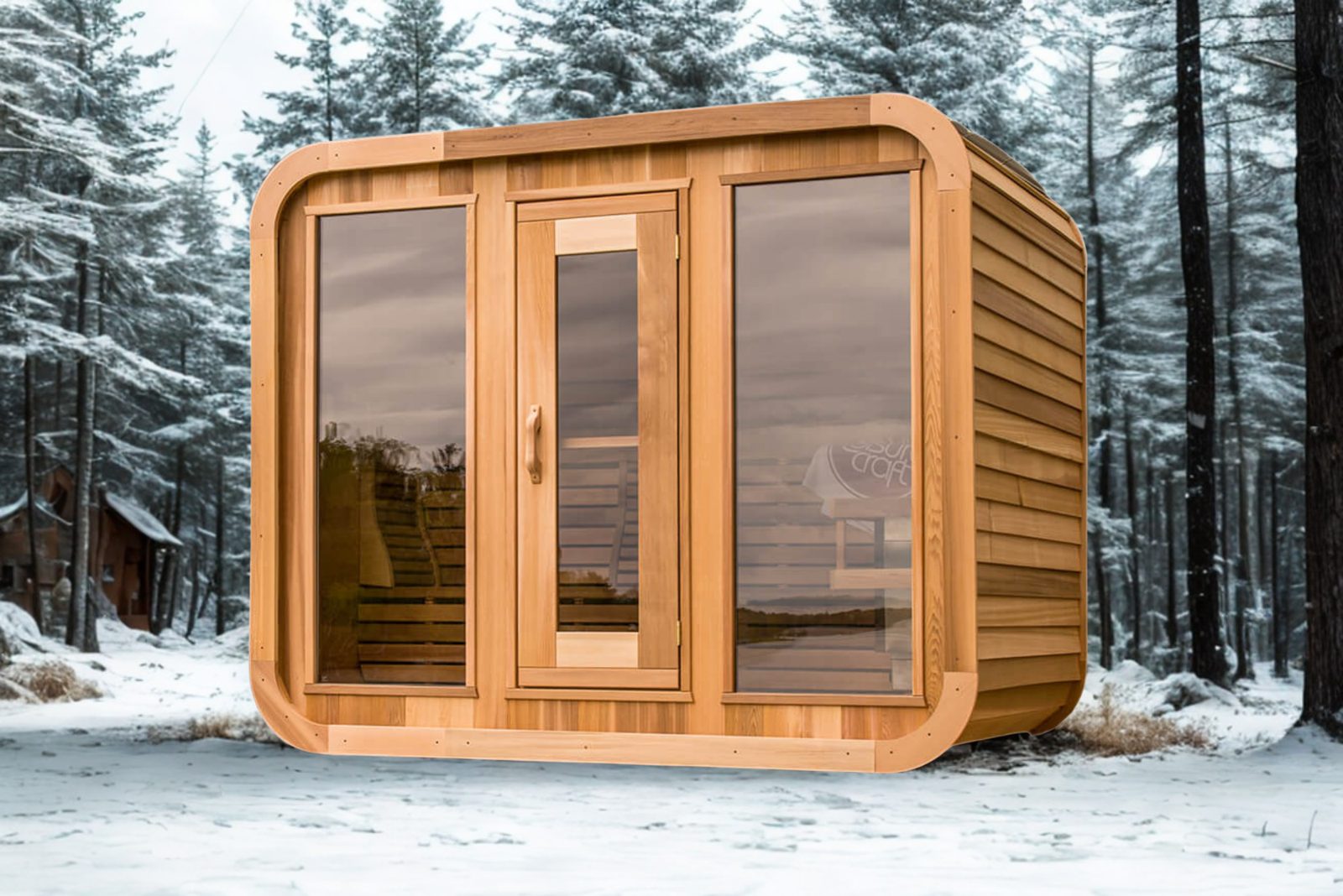 Aussensauna Panorama Zedernholz 200 – Quadratische Aussensauna aus Red Cedar mit Panoramafenster und 9-kW-Ofen – Ansicht 3