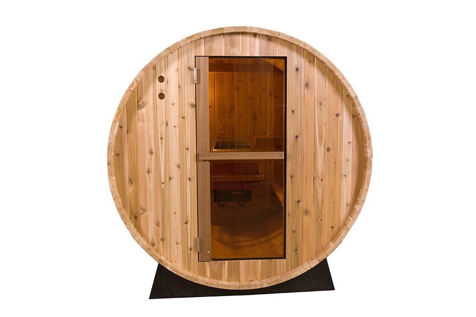 Fasssauna Zedernholz Holzrückwand 245 – Fasssauna aus kanadischem Zedernholz mit Holzrückwand, 6-kW-Ofen und optionalem Vordach – Ansicht 7