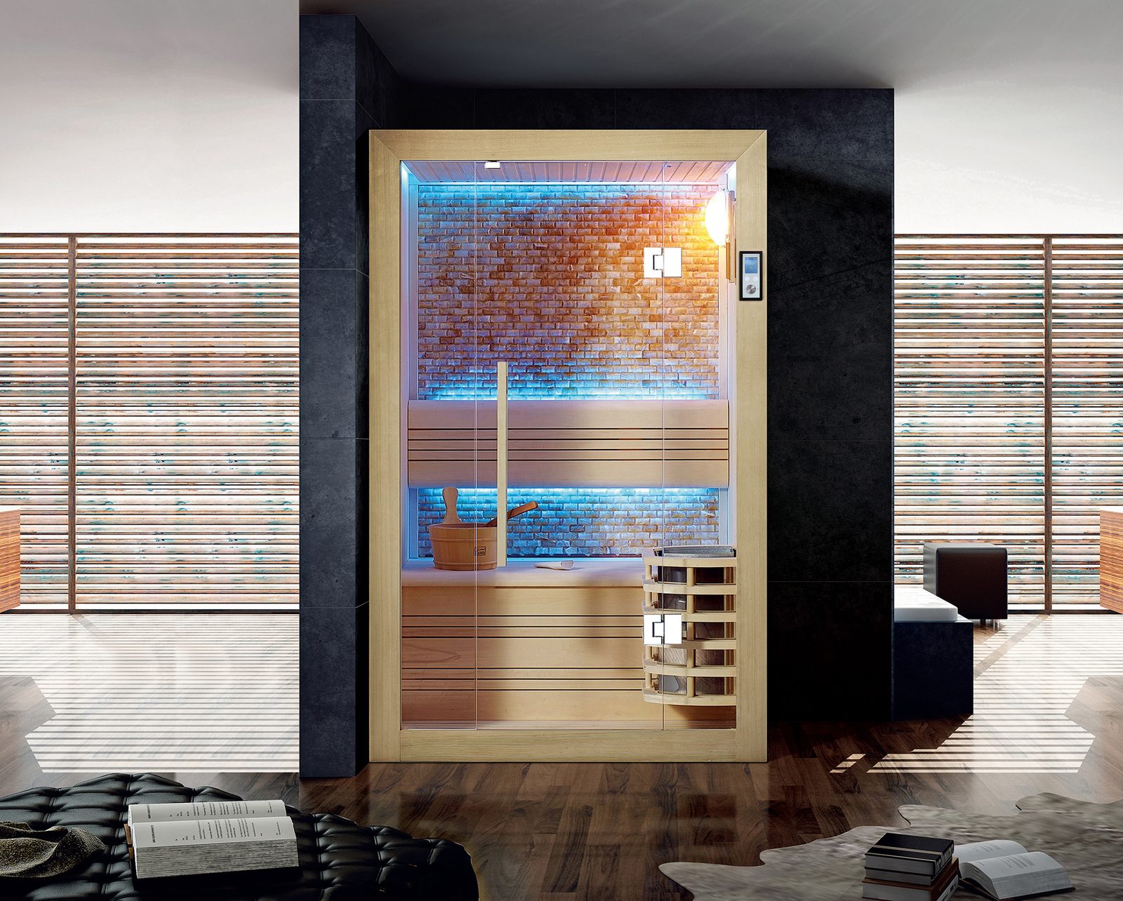 Innen Sauna Helsinki Black Stone – Kompakte Elementsauna aus Aspen mit markanter Black-Stone-Wand – Ansicht 8