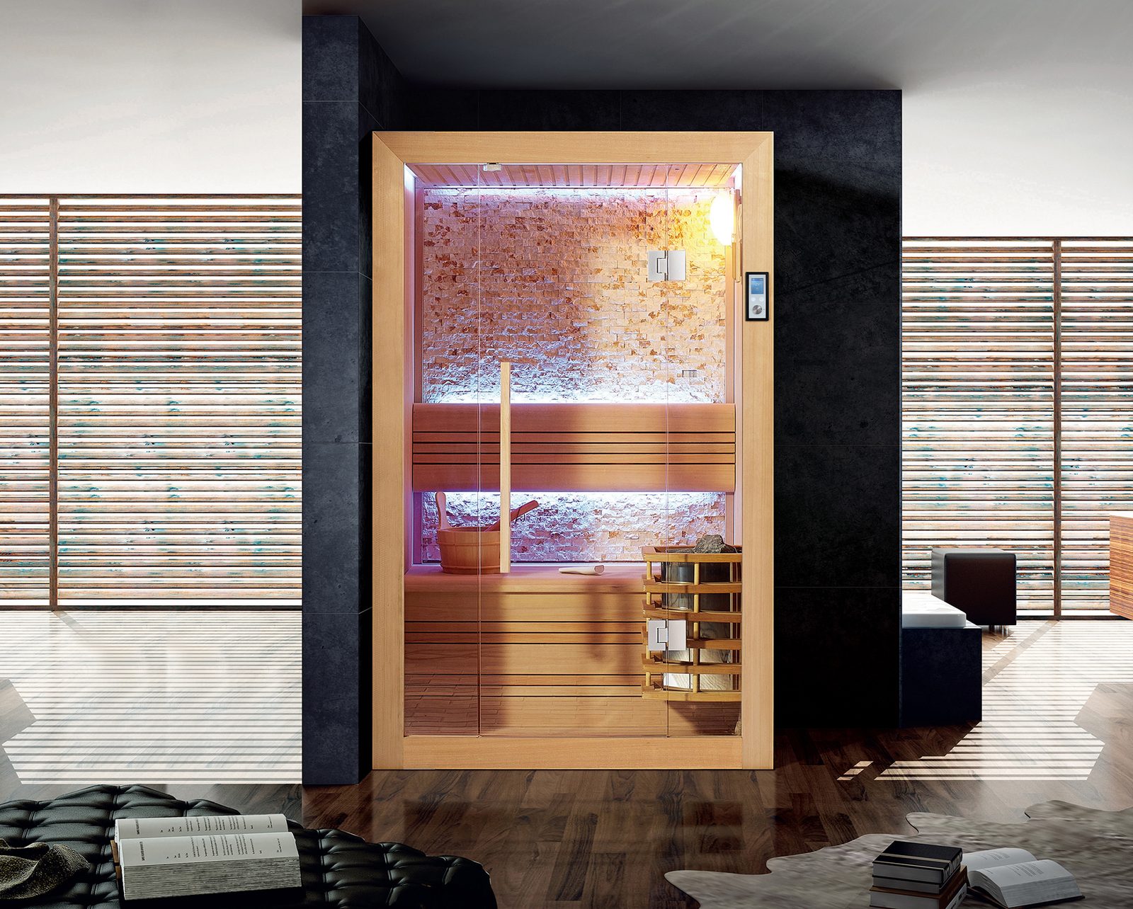Innen Sauna Helsinki Black Stone – Kompakte Elementsauna aus Aspen mit markanter Black-Stone-Wand – Ansicht 9