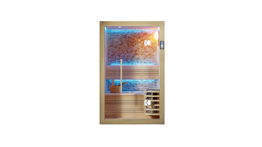 Sauna-Modell Innen Sauna Helsinki Kristall: Kompakte Elementsauna aus Aspen mit Kristallwand und Black-Stone-Wand