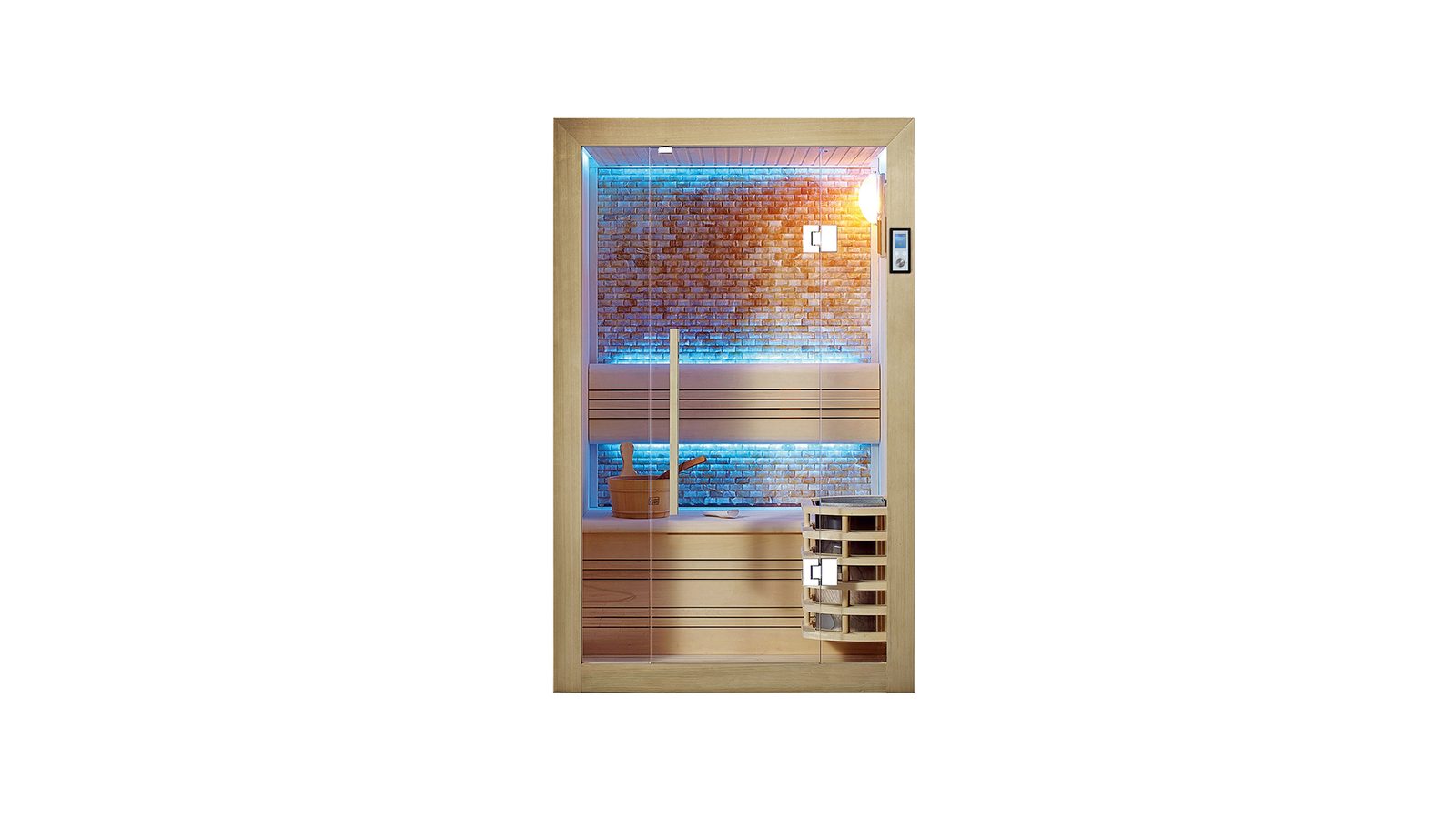 Innen Sauna Helsinki Kristall – Kompakte Elementsauna aus Aspen mit Kristallwand und Black-Stone-Wand