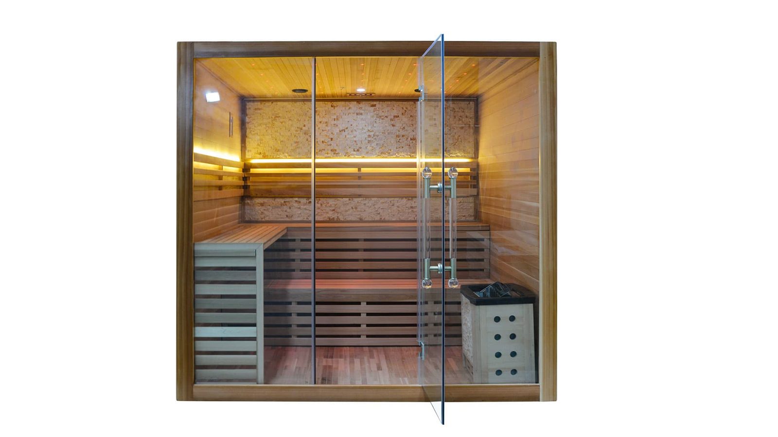 Innen Sauna Zedernholz 200 – Elementsauna aus Red Cedar – mit Ofen, Sternenhimmel und Bluetooth-Sound – Ansicht 2
