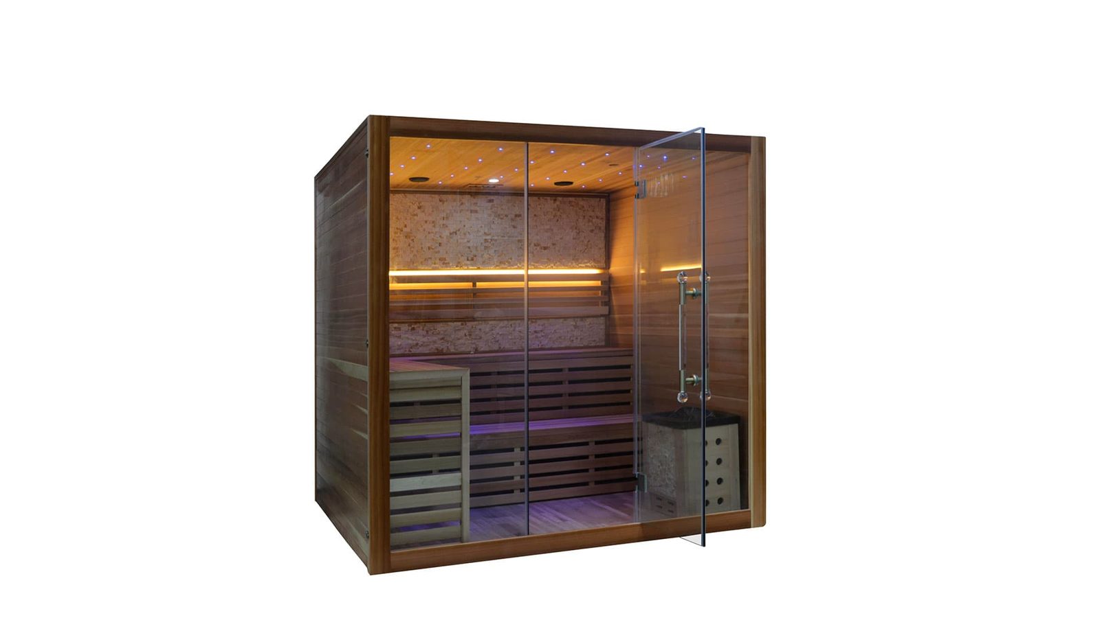 Innen Sauna Zedernholz 200 – Elementsauna aus Red Cedar – mit Ofen, Sternenhimmel und Bluetooth-Sound – Ansicht 4