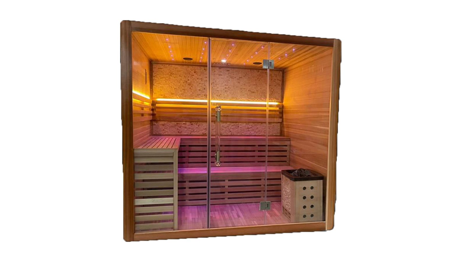 Innen Sauna Zedernholz 220 – Die grosse Zedernholz-Elementsauna – Kristallwand, Deckenlicht und wählbarem Ofen