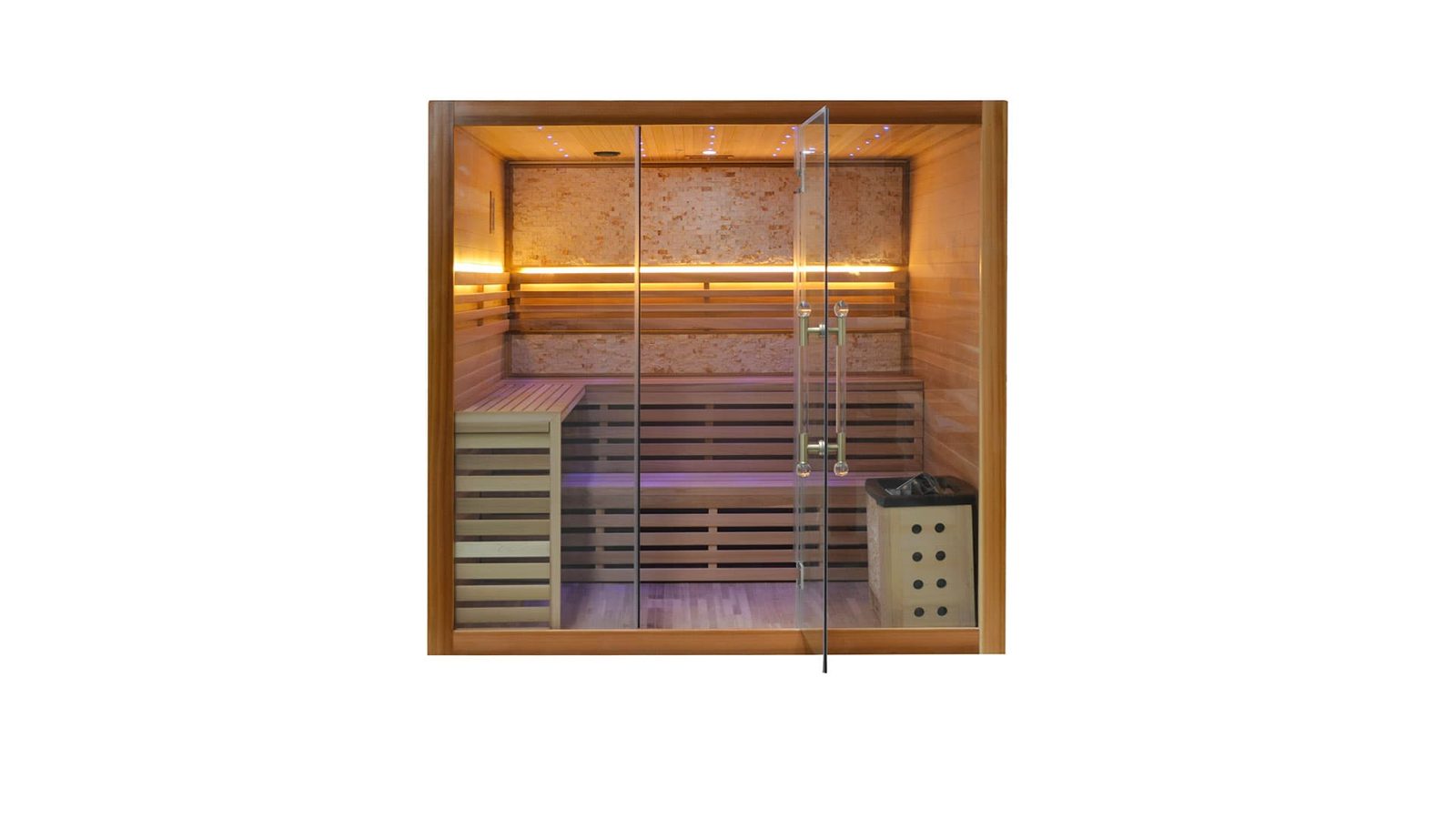 Innen Sauna Zedernholz 220 – Die grosse Zedernholz-Elementsauna – Kristallwand, Deckenlicht und wählbarem Ofen – Ansicht 2