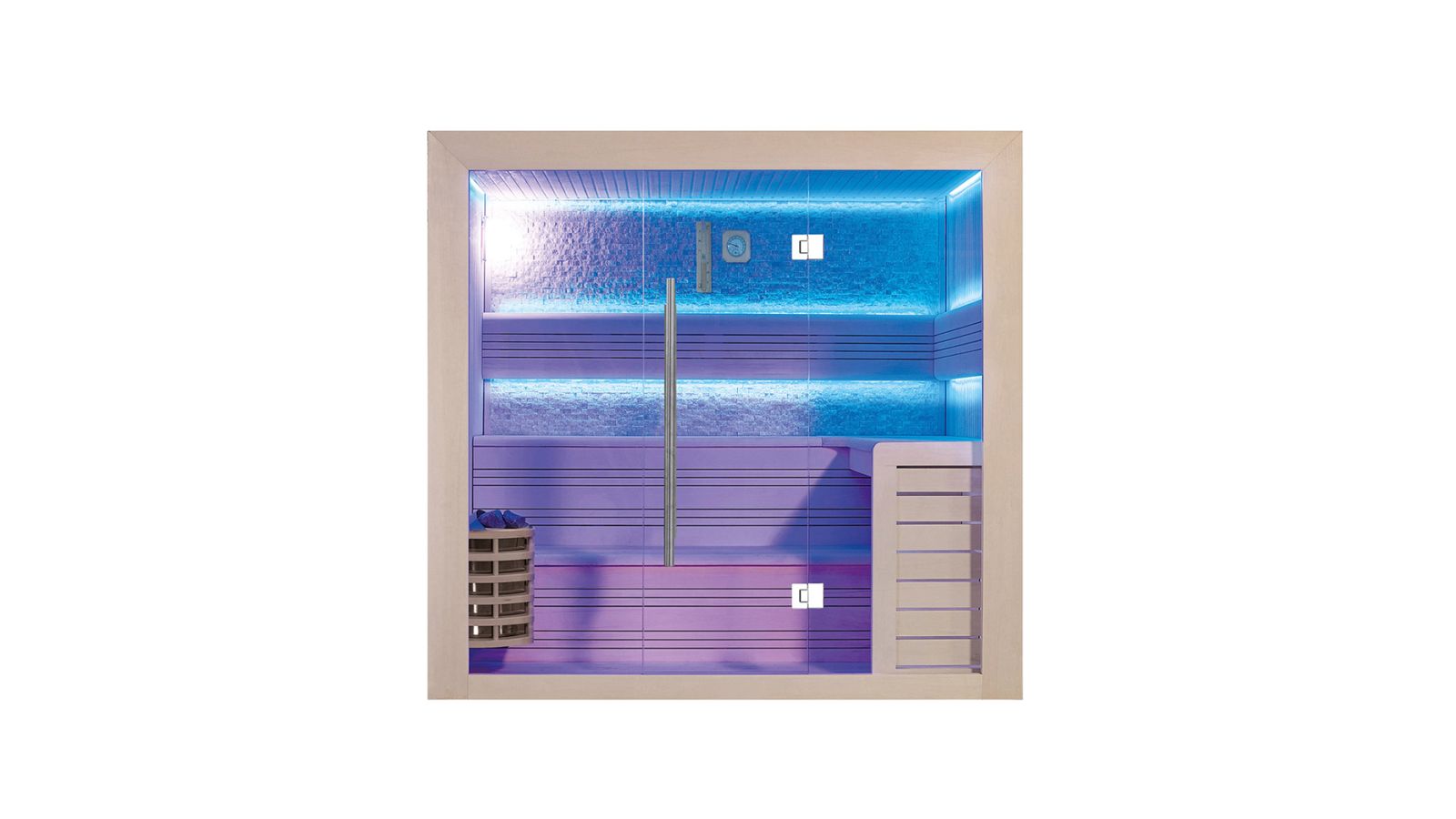 Innen Sauna Saas Fee Kristallwand 200 – Elementsauna aus Ayous-Holz mit Kristallwand, 8-kW-Ofen und Farblicht