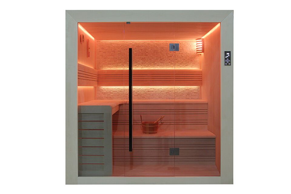 Innen Sauna Saas Fee Kristallwand 200 – Elementsauna aus Ayous-Holz mit Kristallwand, 8-kW-Ofen und Farblicht – Ansicht 2