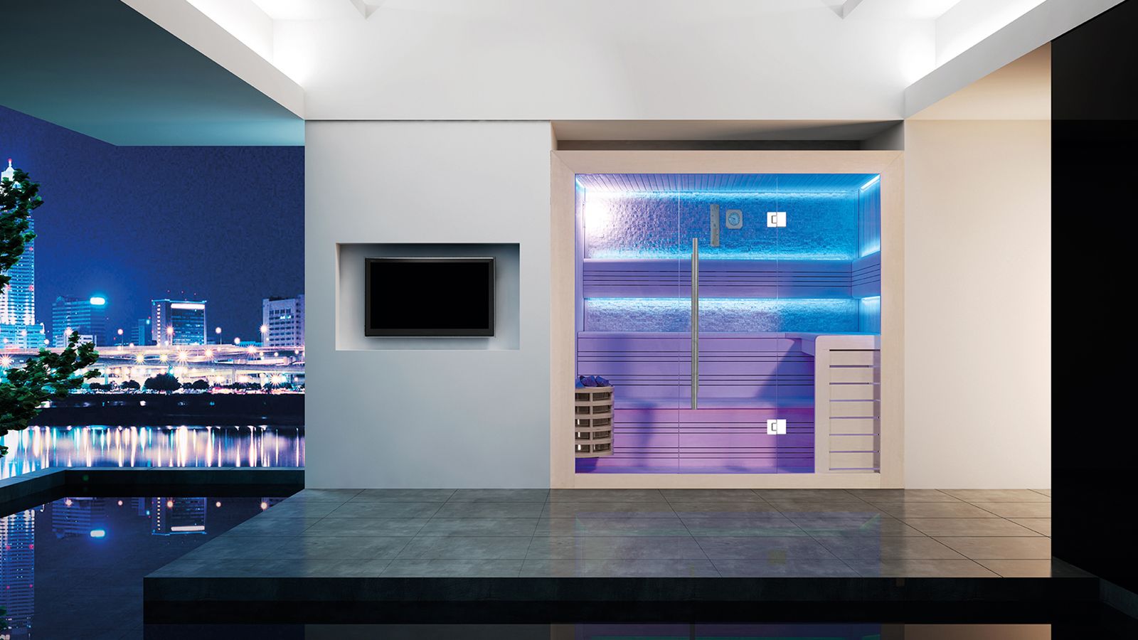 Innen Sauna Saas Fee Kristallwand 200 – Elementsauna aus Ayous-Holz mit Kristallwand, 8-kW-Ofen und Farblicht – Ansicht 8