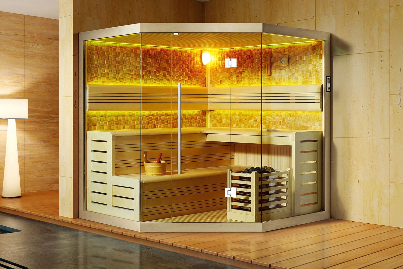 Innen Sauna Kopenhagen Black Stone – Grosse Elementsauna aus Aspen-Holz mit Black-Stone-Wand – Ansicht 2