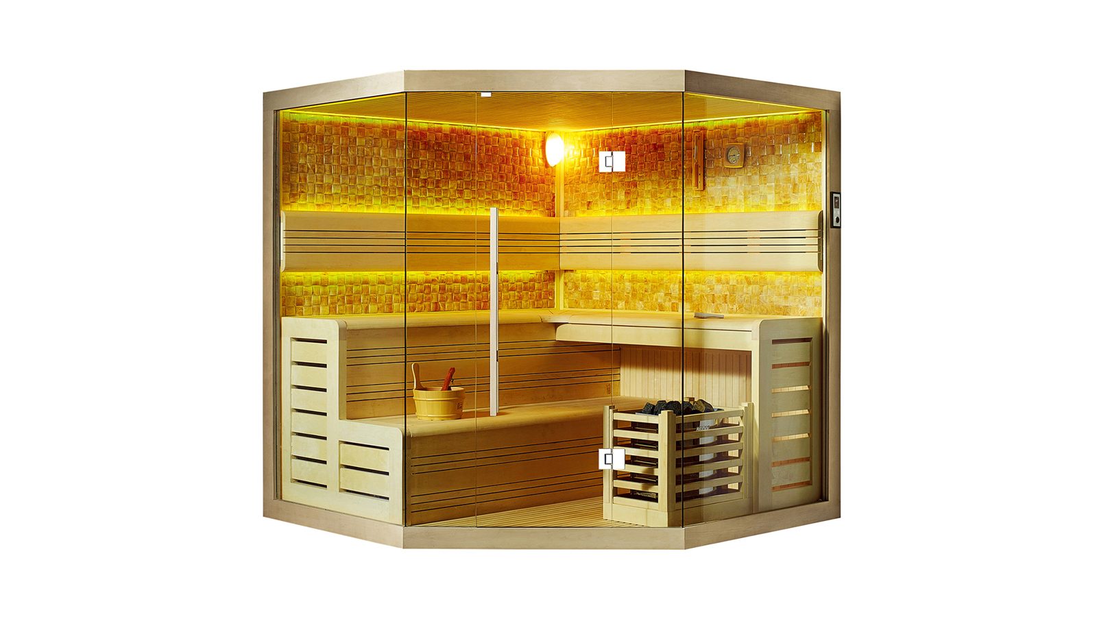 Innen Sauna Kopenhagen Kristall – Grosse Elementsauna aus Aspen-Holz mit Kristallwand