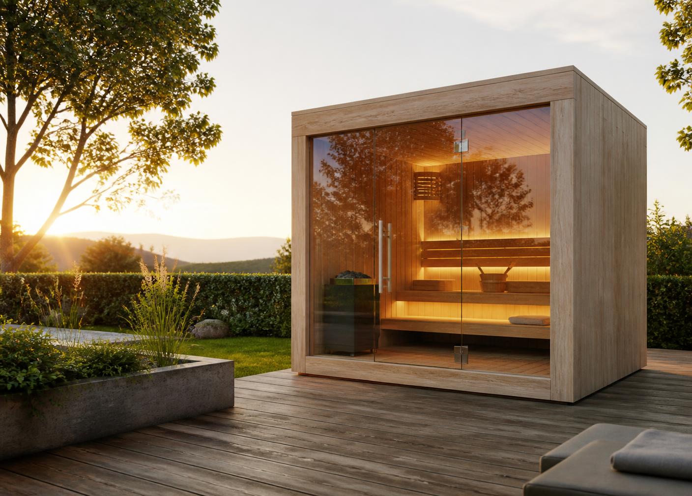 Moderne Cube-Gartensauna auf einer Holzterrasse