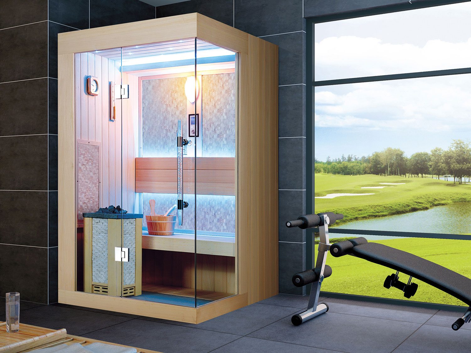 Innen Sauna Helsinki Black Stone – Kompakte Elementsauna aus Aspen mit markanter Black-Stone-Wand – Ansicht 7