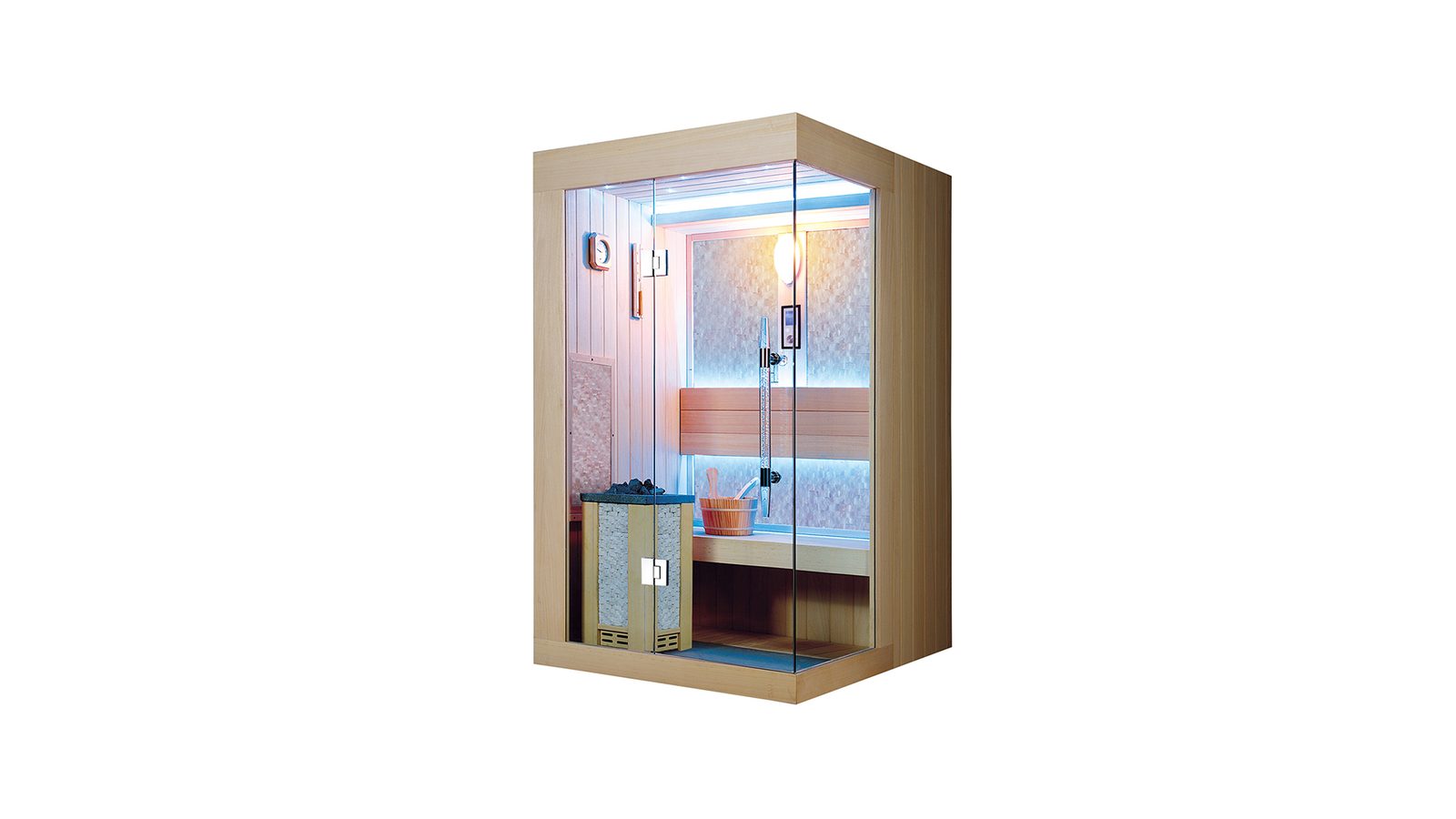 Innen Sauna Oslo Black Stone – Kompakte Elementsauna aus Aspen mit Black-Stone-Wand und Farblicht