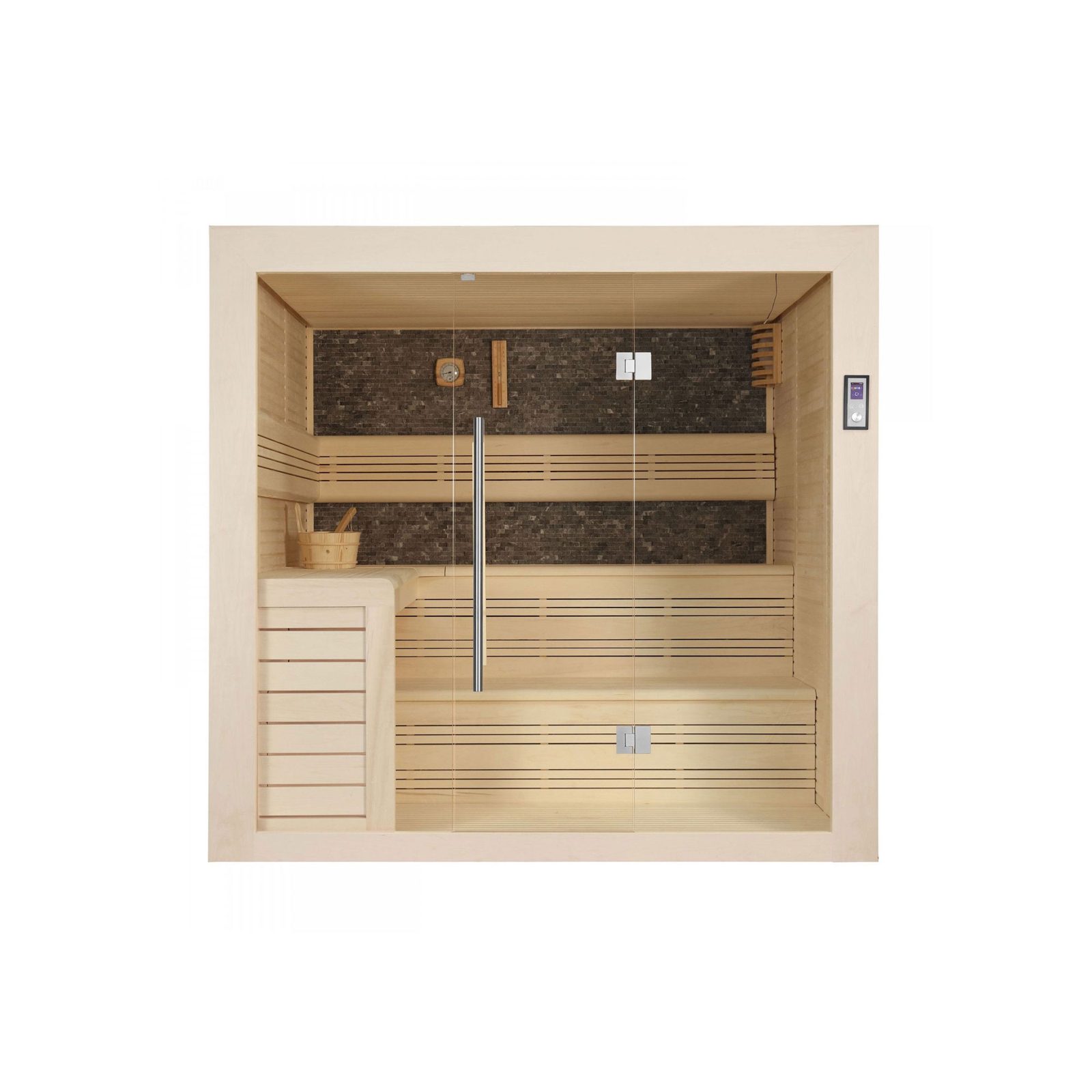 Innen Sauna Saas Fee Black Stone 200 – Elementsauna aus Ayous-Holz mit Black-Stone-Wand und Farblicht – Ansicht 5