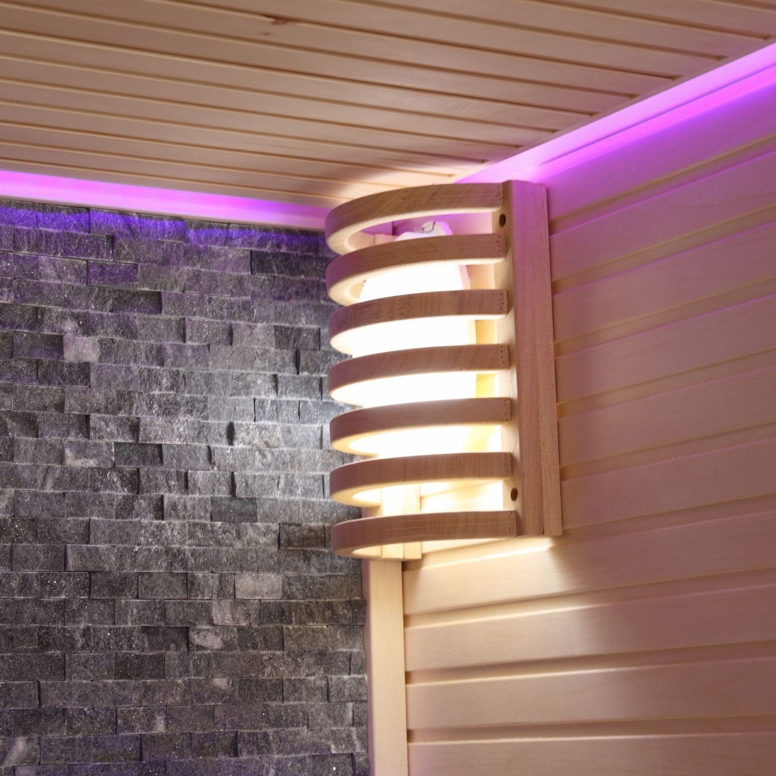 Innen Sauna Saas Fee Black Stone 200 – Elementsauna aus Ayous-Holz mit Black-Stone-Wand und Farblicht – Ansicht 7