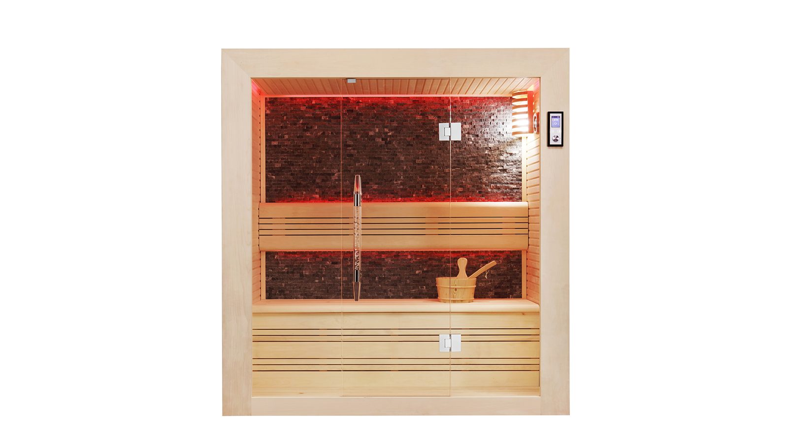 Innen Sauna Saas Fee Black Stone 200 – Elementsauna aus Ayous-Holz mit Black-Stone-Wand und Farblicht – Ansicht 10