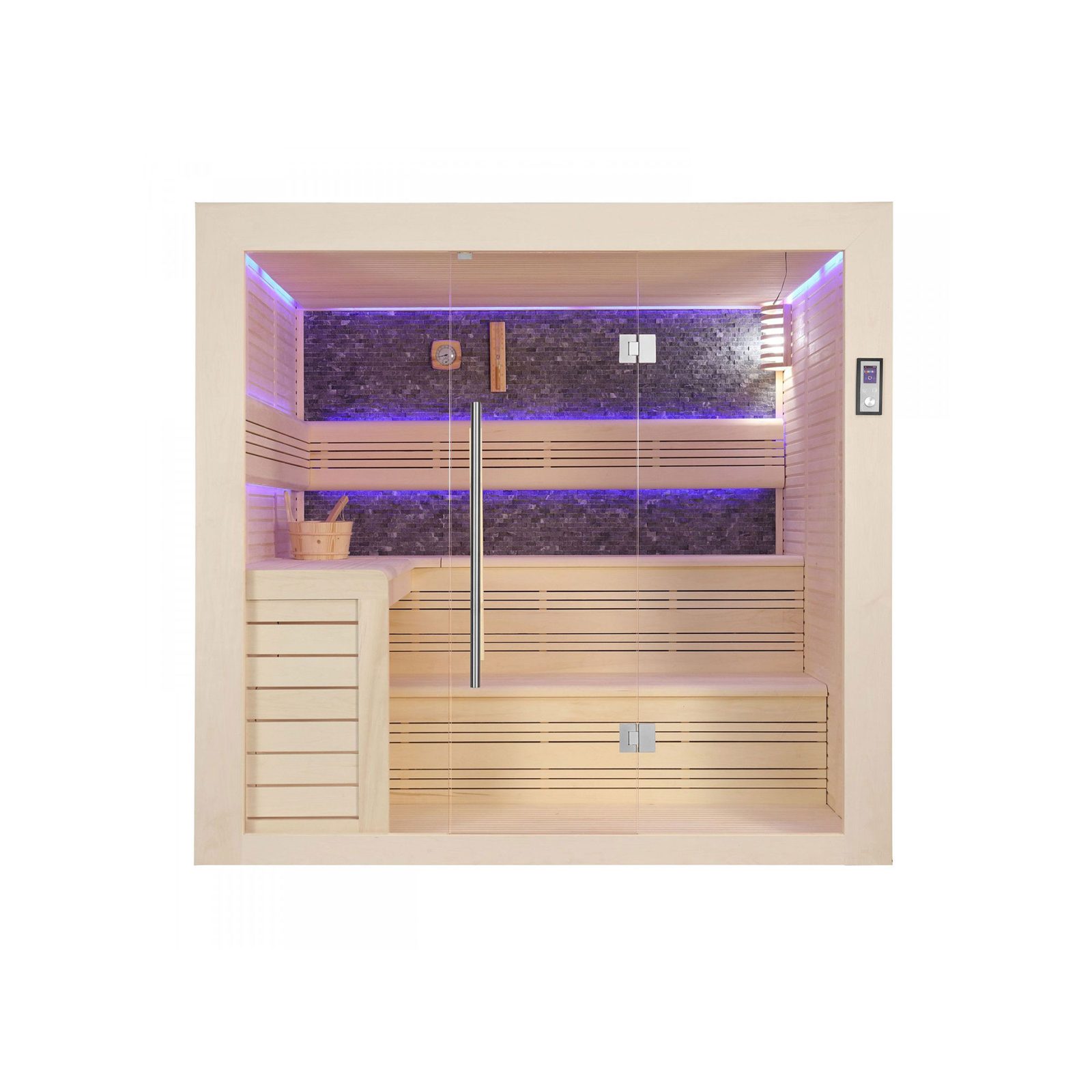 Innen Sauna Saas Fee Black Stone 200 – Elementsauna aus Ayous-Holz mit Black-Stone-Wand und Farblicht – Ansicht 14