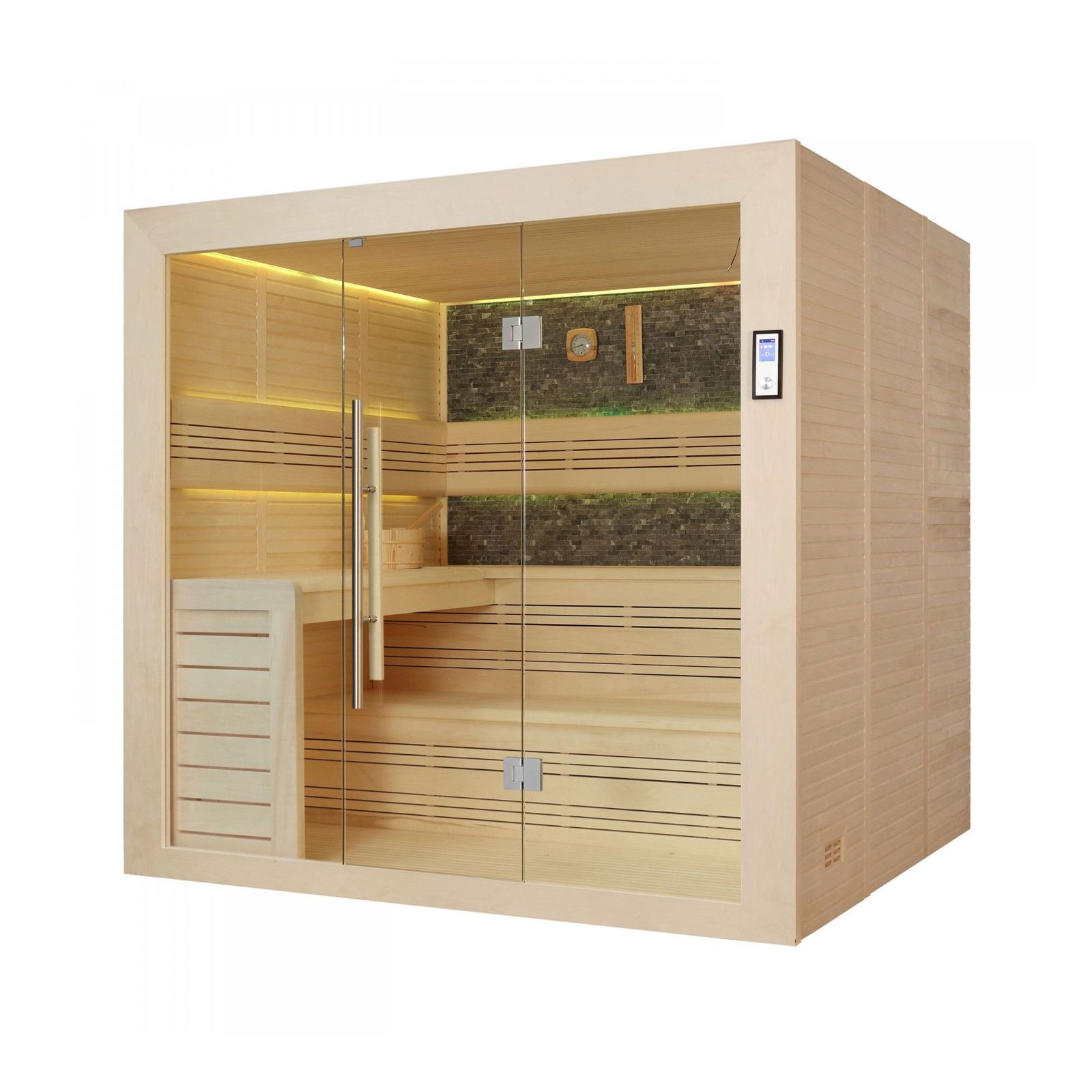 Innen Sauna Saas Fee Black Stone 200 – Elementsauna aus Ayous-Holz mit Black-Stone-Wand und Farblicht – Ansicht 15