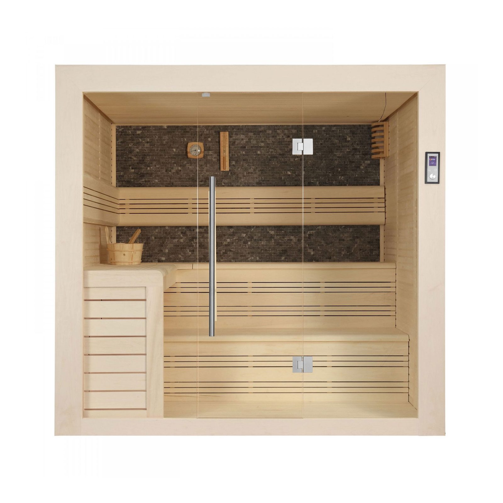 Innen Sauna Saas Fee Black Stone 200 – Elementsauna aus Ayous-Holz mit Black-Stone-Wand und Farblicht – Ansicht 17