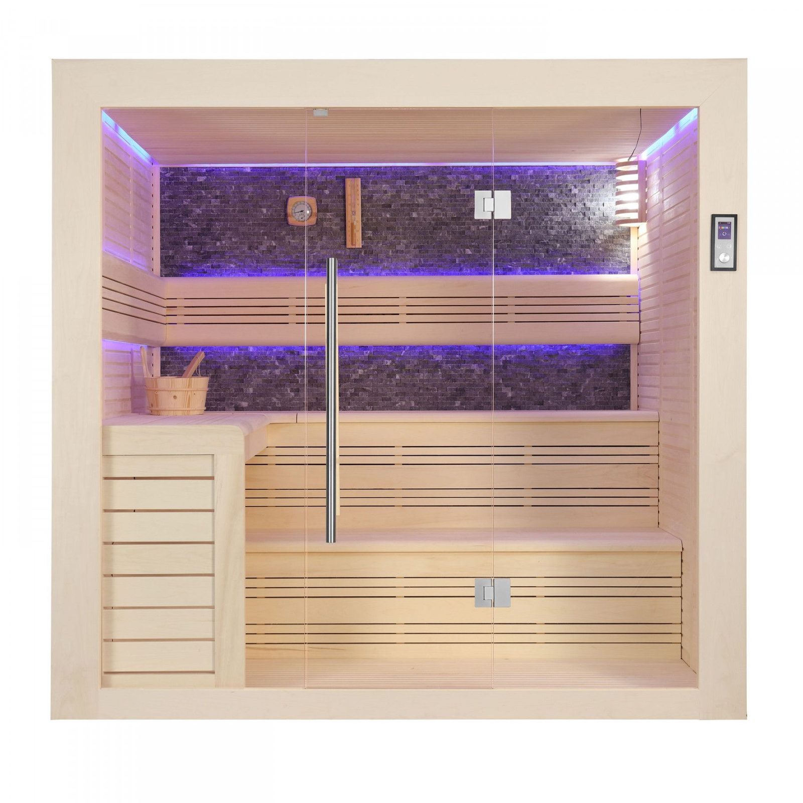 Innen Sauna Saas Fee Black Stone 220 – Elementsauna aus Ayous-Holz mit Black-Stone-Wand im 220-cm-Format