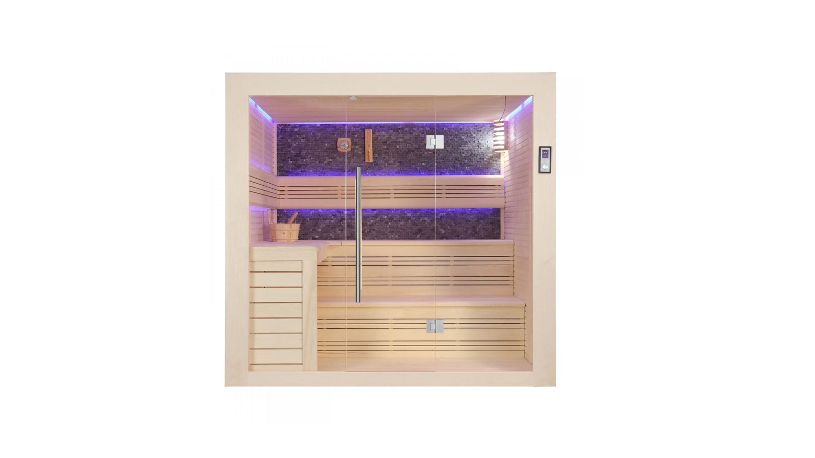 Innen Sauna Saas Fee Black Stone 200 – Elementsauna aus Ayous-Holz mit Black-Stone-Wand und Farblicht