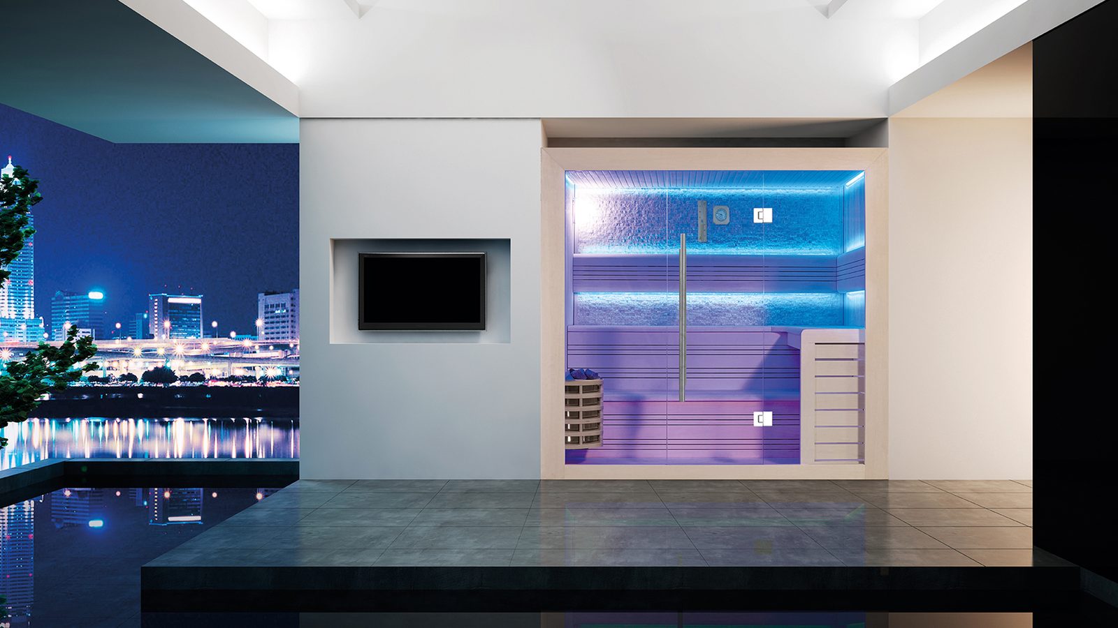Innen Sauna Saas Fee Kristallwand 220 – Elementsauna aus Ayous-Holz mit Kristallwand und Farblicht – Ansicht 7