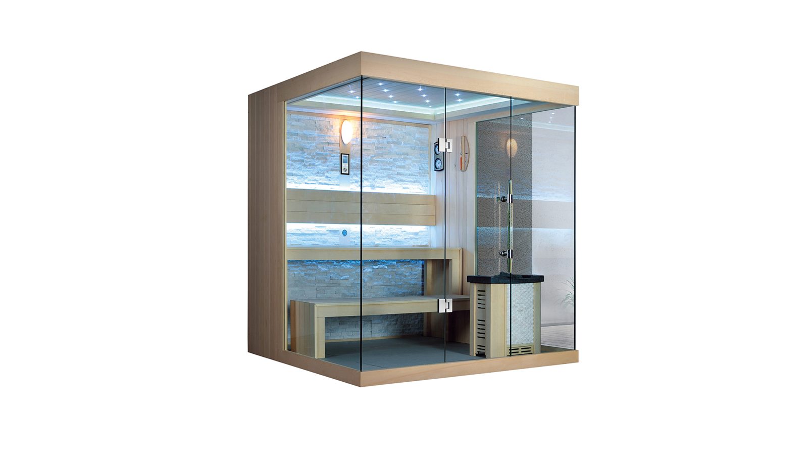 Innen Sauna Stockholm Black Stone – Elementsauna aus Aspen-Holz mit Black-Stone-Wand