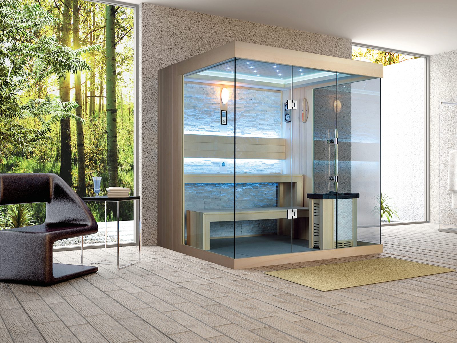 Innen Sauna Stockholm Black Stone – Elementsauna aus Aspen-Holz mit Black-Stone-Wand – Ansicht 7