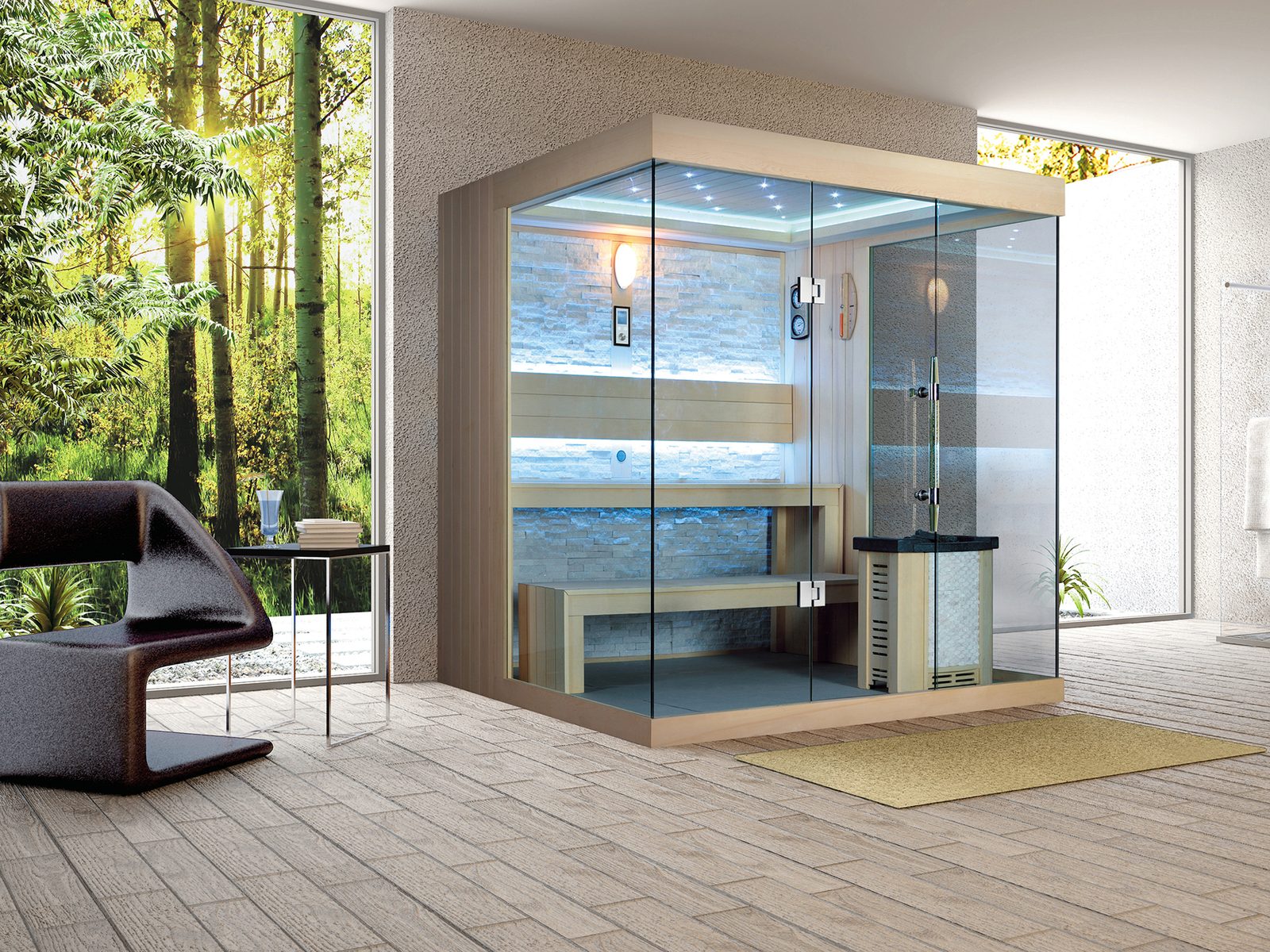 Innen Sauna Stockholm Kristall – Elementsauna aus Aspen-Holz mit Kristallwand und Black-Stone-Wand – Ansicht 8