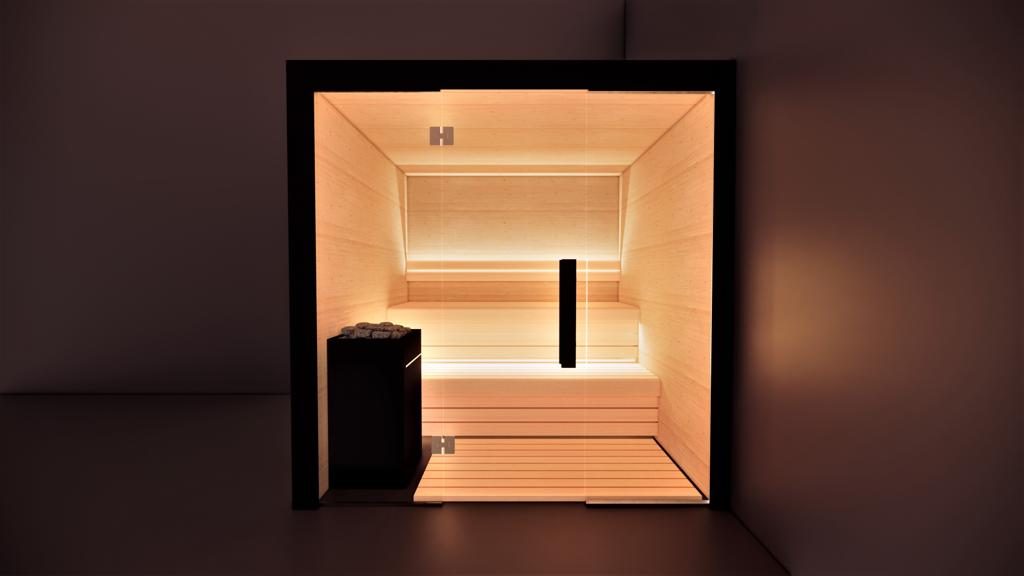 Innen Sauna Tallinn 200 Platin – Quadratische Platin-Elementsauna aus Hemlock – mit Harvia Ofen