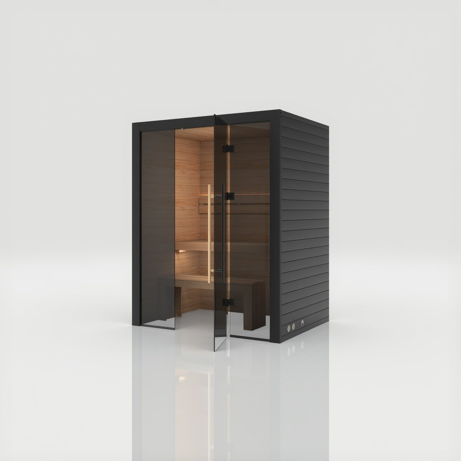 Traditional 160 Nero – Kompakte finnische Sauna in dunklem, architektonischem Nero – Ansicht 2