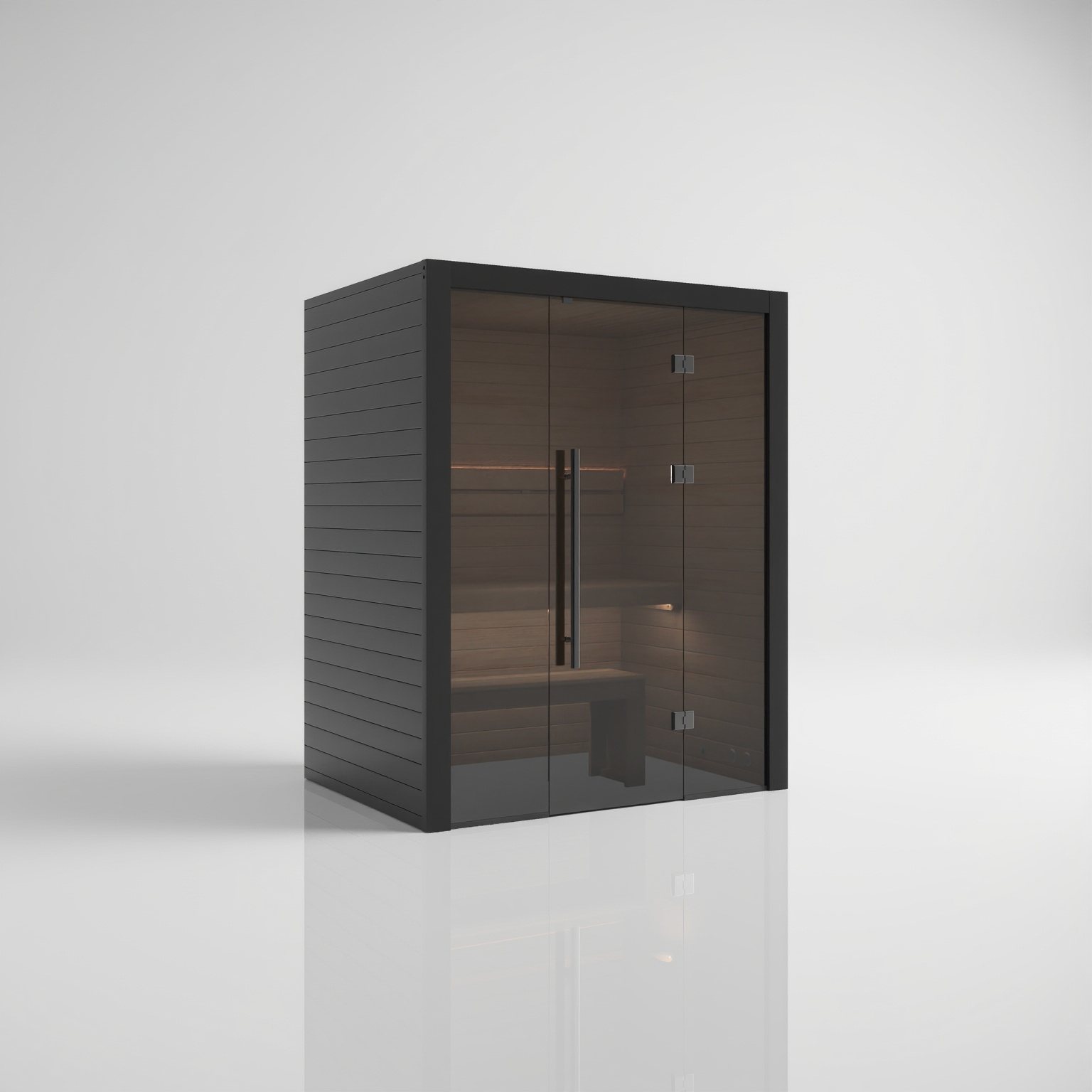 Traditional 160 Nero – Kompakte finnische Sauna in dunklem, architektonischem Nero – Ansicht 3